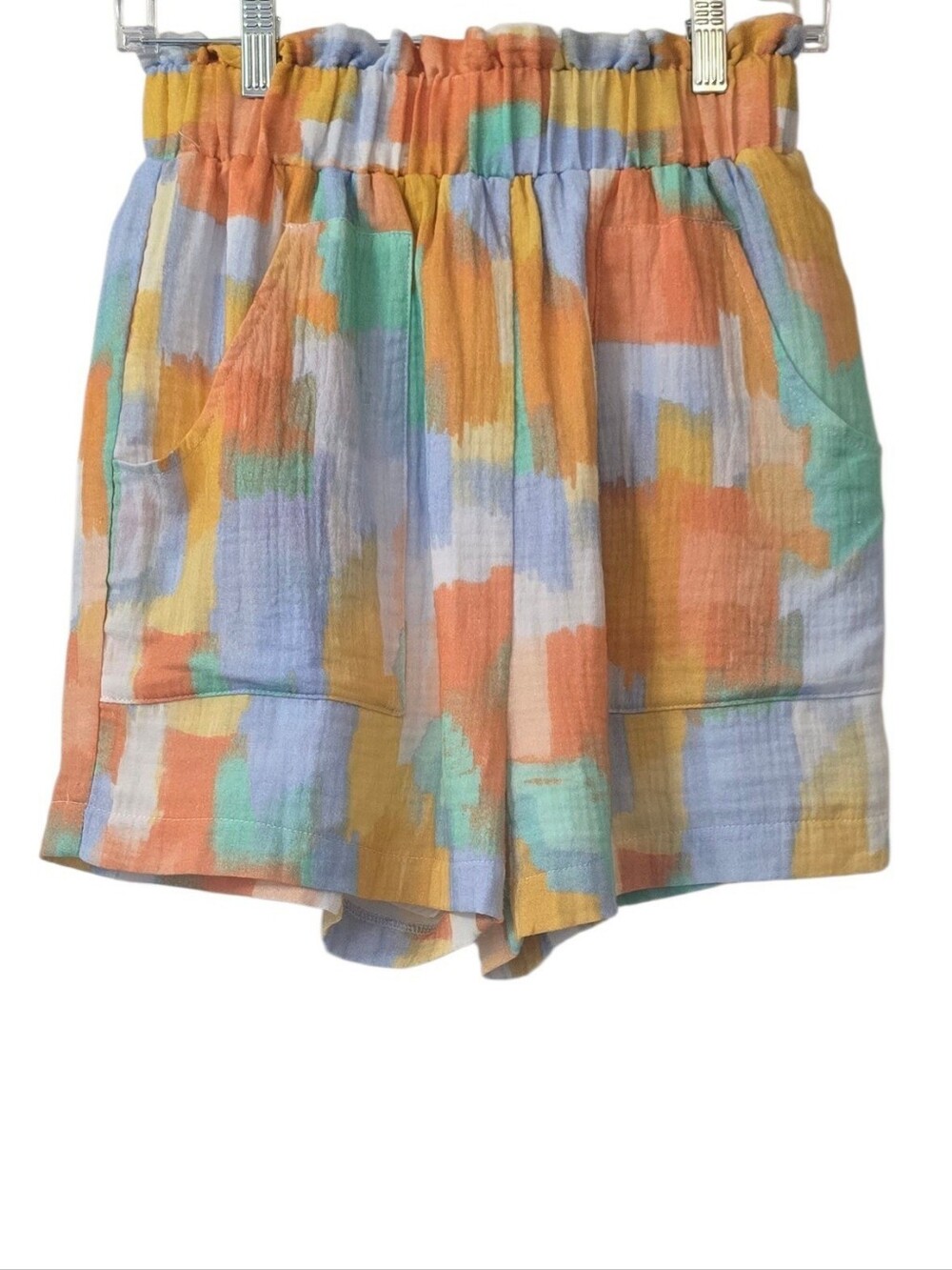 NWOT Peach Love abstract-print paperbag waist shorts Size S